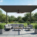 Martec Impact DC 52″ Smart Ceiling Fan With WIFI Remote Control in a Outdoor patio with gray sectional sofa, chairs, and coffee table under a wooden pergola.lightsandfansonline