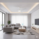 Martec Impact DC 52″ Smart Ceiling Fan With WIFI Remote Control Modern living room with a gray sectional sofa, coffee table, and TV stand.Lights and Fans Online 