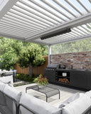 Thermogroup LO1200WB Lotus 1200W Long-Wave Outdoor Heater in a modern pergola area with barbecue and modern outdoor furniture 