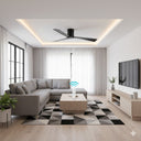 Martec Metro Ceiling Fan with a WI FI Remote Control from lightsandfansonon;ine in a Modern living room with gray sectional sofa, coffee table, and TV.