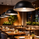 Newport Industrial Pendant in a Modern restaurant interior with lights, wooden tables, and decorative plants.Lights and Fans Online 