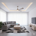 Martec Polo DC 52″ Smart Ceiling Fan With WIFI Remote Control + LED light from lights and fans online in a Modern living room with gray sectional sofa, coffee table, and TV stand.