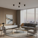 TORESS Weathered Iron Surface Mount Ceiling Light in a Modern living room with gray sofa, white chairs, and a round coffee table.