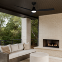 Martec Triumph DC 52″ Smart Ceiling Fan With WIFI Remote Control + LED light from lights and fans online in an Outdoor patio with a couch, ottoman, and fireplace with flames.