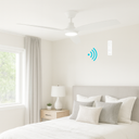 Martec Triumph DC 52″ Smart Ceiling Fan With WIFI Remote Control + LED light from lights and fans online in a Modern bedroom with a bed, nightstand, and wall-mounted control panel.
