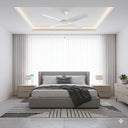 Martec Viper DC 48″ & 52″ 4  Blade Smart Ceiling Fan With WIFI Remote Control from lights and fans online  in a Modern bedroom with gray bed, nightstands, and ceiling fan.