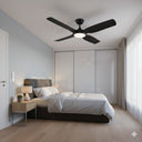 Martec Viper DC 48″ & 52″ 4  Blade Smart Ceiling Fan With WIFI Remote Control + LED Light from lights and fans online in a Modern bedroom with a ceiling fan, bed, and side table.