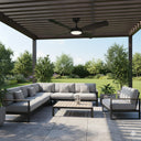 Martec Viper DC 48″ & 52″ 4  Blade Smart Ceiling Fan With WIFI Remote Control + LED Light from lights and fans online in an Outdoor patio with gray sectional sofa, chair, and coffee table under a wooden pergola.