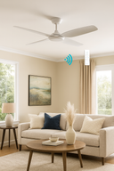Martec Viper DC 48″ & 52″ 4  Blade Smart Ceiling Fan With WIFI Remote Control + LED Light from lights and fans online in a Living room with a ceiling fan, beige sofa, and decorative elements.