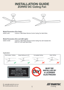 Zorro DC 48″ Ceiling Fan With Remote Control + LED Light Installation guide for Martec Zorro DC ceiling fan with technical details and safety warnings. Lights and fans Online 